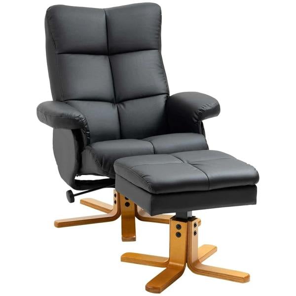 Black PU leather swivel recliner chair with padded footstool and wood base