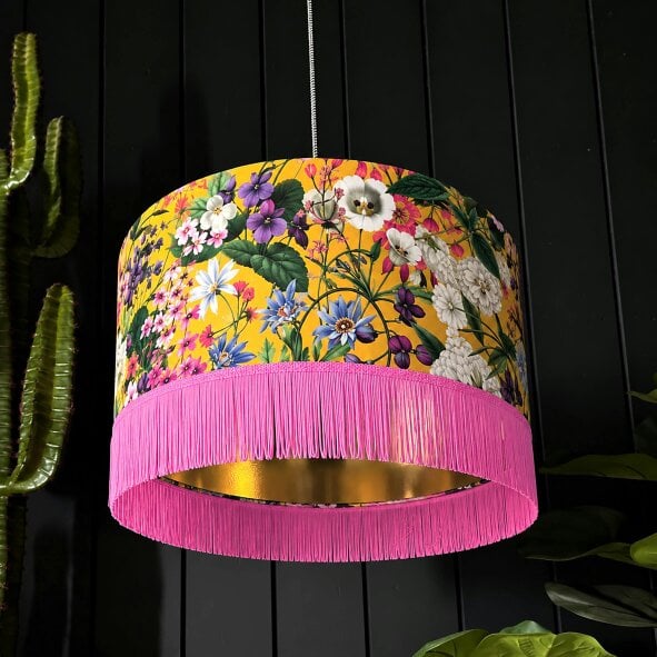 Love Frankie Ochre Summer Meadow Velvet Lampshade with Gold Lining and Fringing
