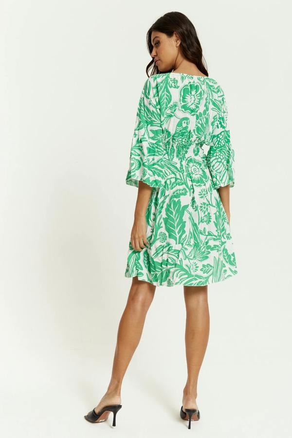 Hoxton Gal Oversized V Neck Detailed Floral Print Mini Dress in Green and White