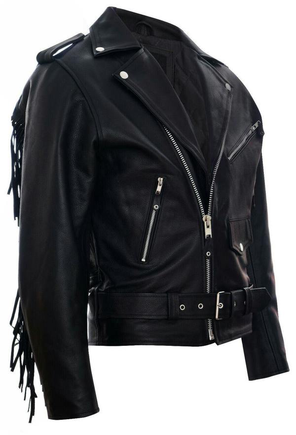 Infinity Leather Mens Fringe Hide Leather Biker Jacket- Tokyo