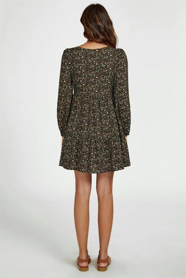 FS Collection Little Floral Print Square Neck Mini Dress In Black