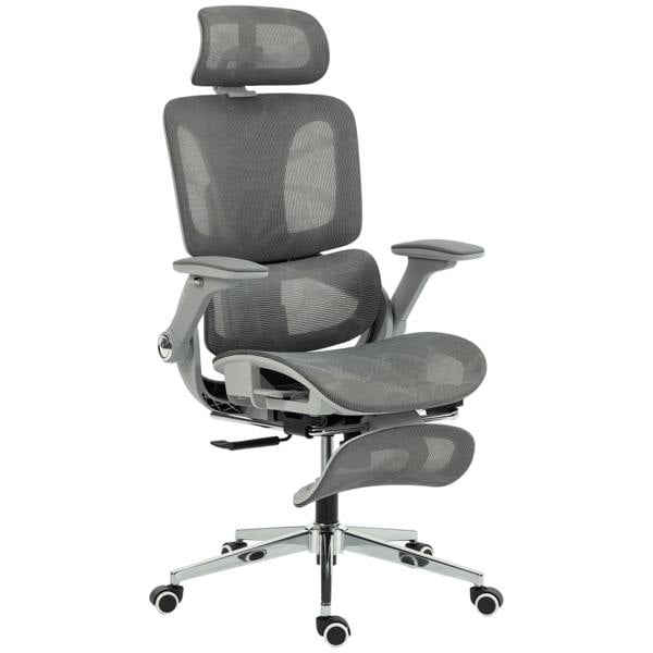 Grey high-back mesh office chair with padded arms, adjustable seat, caster base
