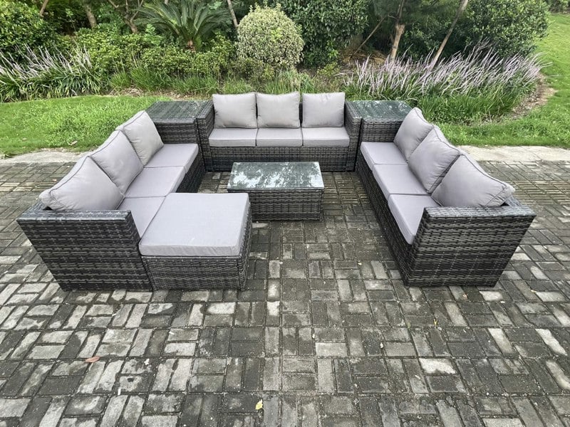 Fimous 10 Seater Outdoor Lounge Sofa Set Wicker PE Rattan Garden Furniture Set with Oblong Coffee Table 2 Side Tables Big Footstool Dark Grey Mixed