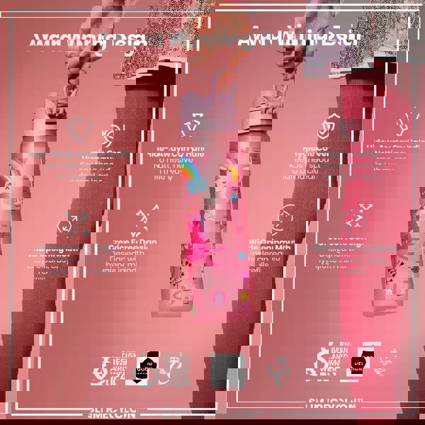 A pink children's water bottle, with a unicorn design, is being held; it features a hide-away handle, wide mouth, and hygiene cover. Award Winning Design. German Design Award Winner 2024. Good Design. Slim Recyclon™.