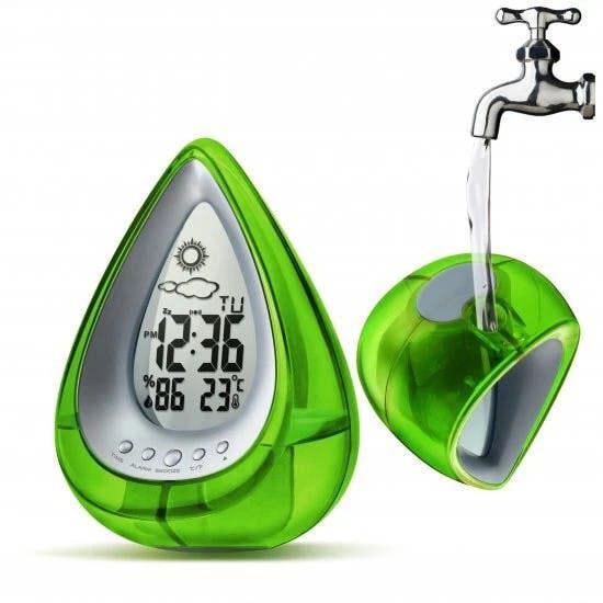 Smart Living Large Water Power Drop Shape Thermometer Clock - Green
