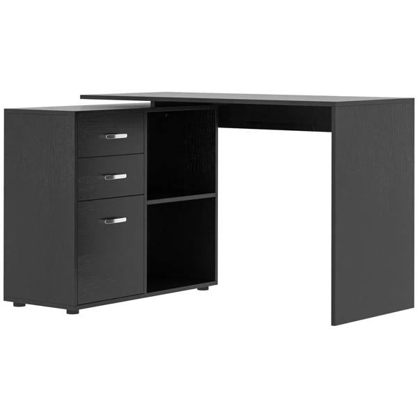 Black L-shaped computer desk with drawers and open shelving for office storage