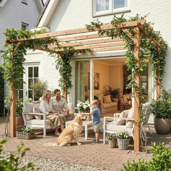 3 x 3 m Wooden Pergola Kit, Garden Pergola Gazebo Grape Trellis with Triangle Supports, 5 Beams, Maple Wood-effect - Maple wood-effect