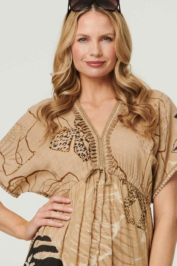 Beige | Printed Short Sleeve Empire Maxi Dress