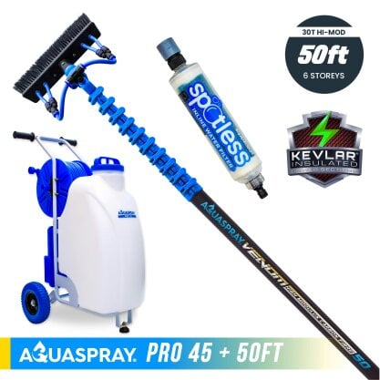 Equip2clean Aquaspray® Venom 50ft 30T High-Mod KEVLAR INSULATED Water-Fed Pole & Spray Tank Pack - Aquaspray Pro 45L Tank - 50ft 30T