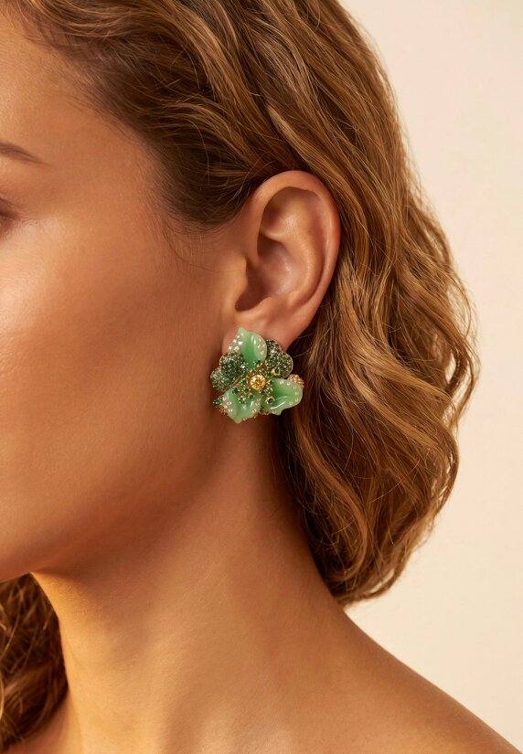 Latelita Jade Rose Flower Stud Earrings Gold