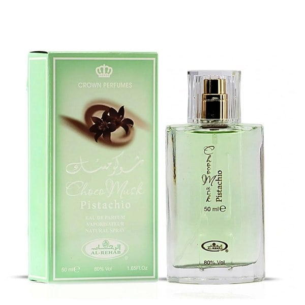 Perfume bottle and packaging of Crown Perfumes Choco musk Pistachio on a white background