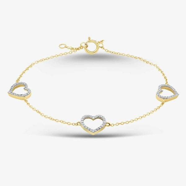 T. H. Baker 9ct Yellow Gold 0.20ct Brilliant Cut Diamond Open Pave Heart Chain Bracelet THB39619-20NJ (YG)