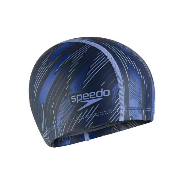 Navy blue Speedo Boom Ultra Pace swim cap with black and white lines