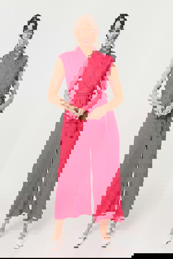 Pink | Sleeveless Tie Waist Button-Up Jumpsuit
