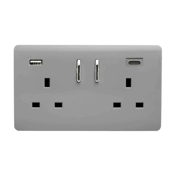 Trendi Switch 2 Gang USB 65W Type A & C USB Plug Socket in Light Grey