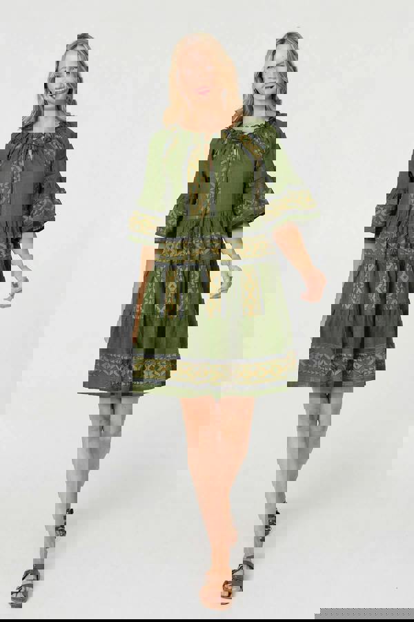 Green | Embroidered 1/2 Flare Sleeve Short Dress