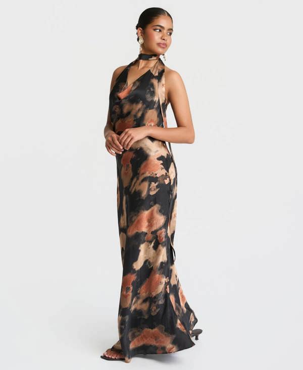 Needs No Label Black Marble Tie Neck Maxi Dress