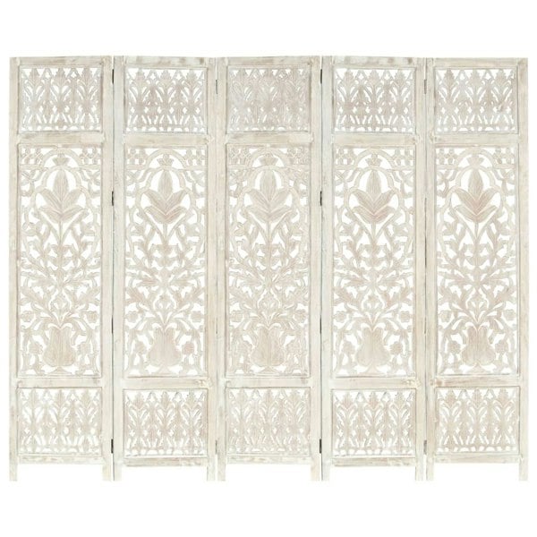 Berkfield Hand carved 5-Panel Room Divider White 200x165 cm Solid Mango Wood