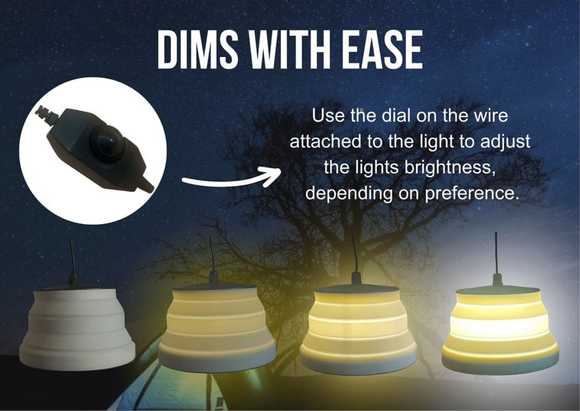 Infographic of OLPRO Silicone Camping Lantern, dimmable 240V, showing dimmer switch and brightness settings