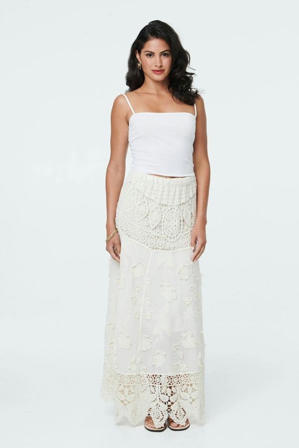 Beige | Crochet Texture High Waist Maxi Skirt
