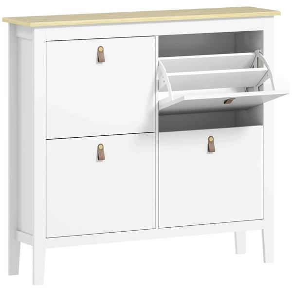 White four-drawer shoe cabinet with open top storage and metal knobs