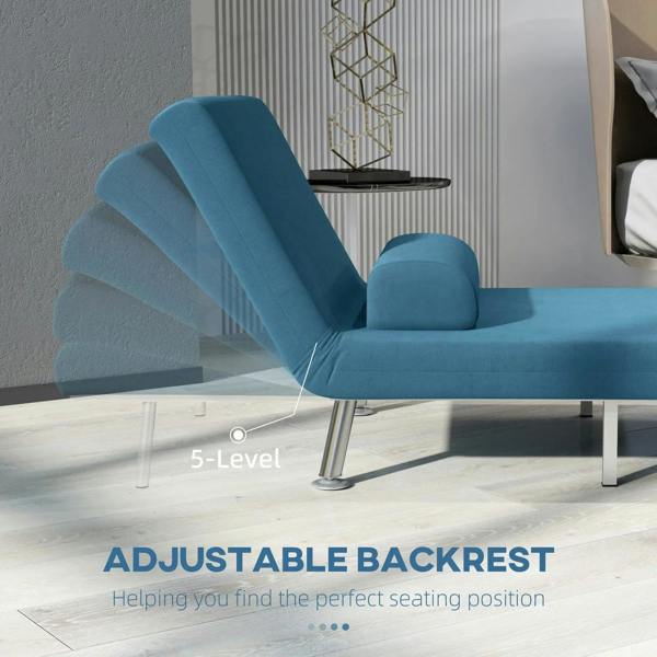 Blue velvet-feel sleeper chair with adjustable backrest, 5-level indicator, silver legs