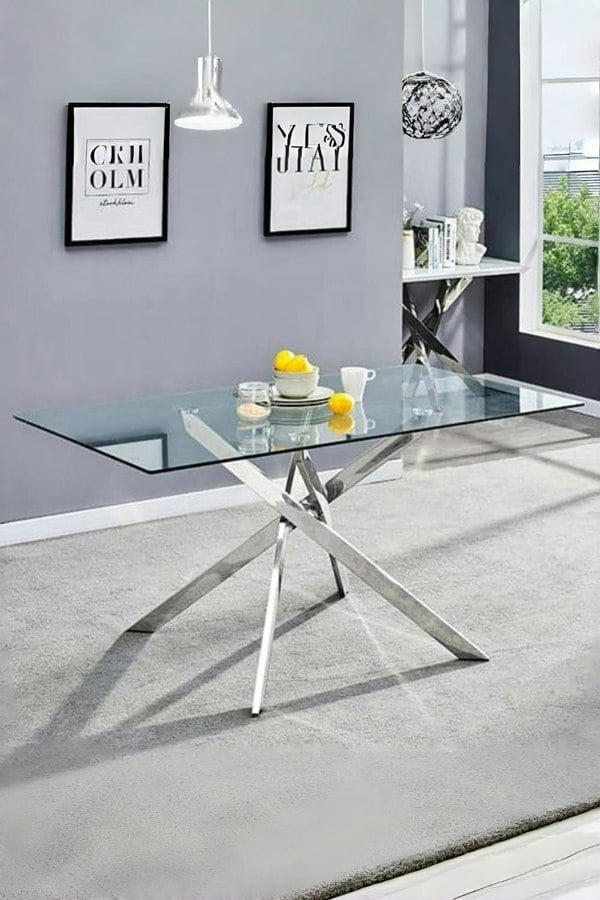 Living and Home 70cmD Stylish Tempered Glass Coffee Table Rectangular Dining Table with Chrome Cross Legs