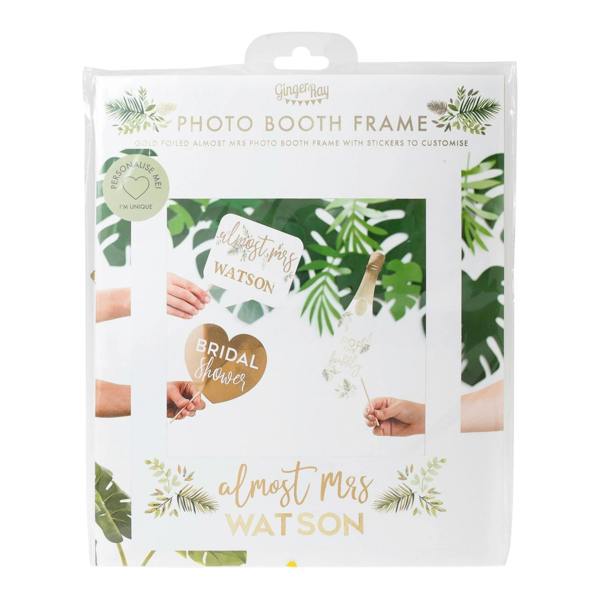 Retail product packaging for our botanical photo booth frame featuring gold foiled text and customisable sticker sheets.
