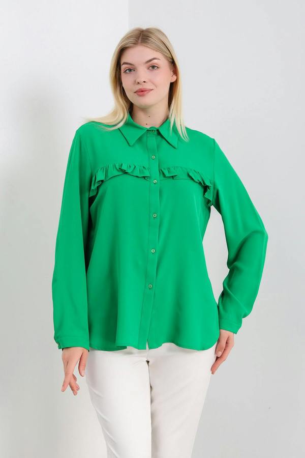 Hoxton Gal Oversized Frill Detailed Long Sleeves Blouse Shirt in Green
