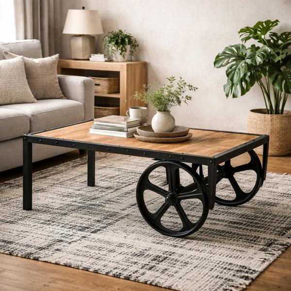 Wyld Haus Toivakka Industrial Reclaimed Wood and Metal Coffee Table with Wheels