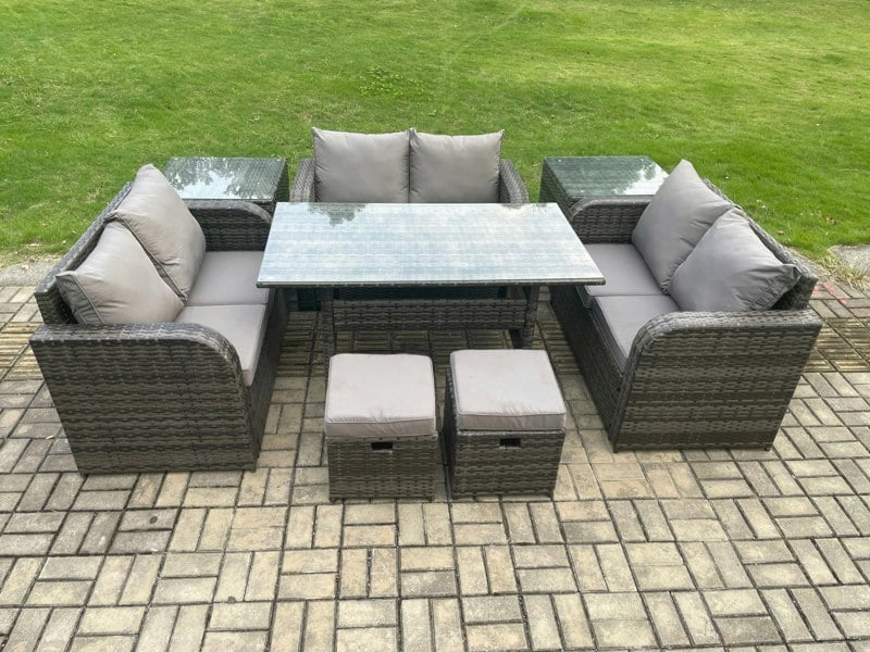 Fimous 8 Seater Outdoor Rattan Garden Furniture Set with Patio Rectangular Dining Table 2 Side Tables Love Sofa 2 Small Footstools Dark Grey Mixed