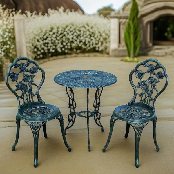 Rafaelo Mobilia Set of 3 Cast Iron Rose Floral Bistro Table And Chair Green