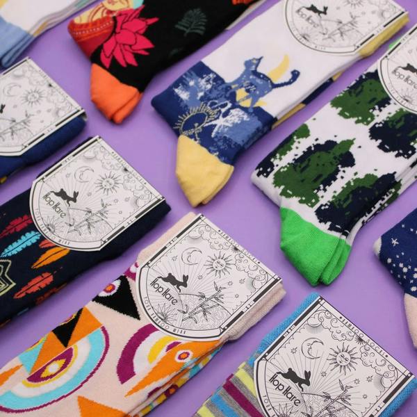 Hop Hare assorted bamboo crew socks with colorful graphic character prints in blue, orange and green