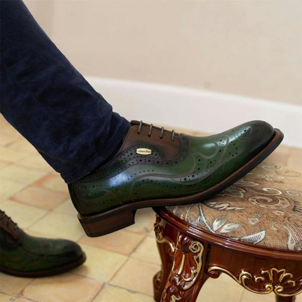 Laura Vita Lorenzo Conti Men's Khaki Green Leather Brogue Oxford Dress Shoes - Ayan-01