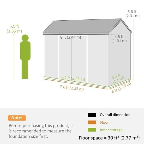 8 x 4 ft Plastic Garden Shed, Wood-Effect Outdoor Storage Shed with Floor, Windows, Lockable Doors and Vents, Light Grey