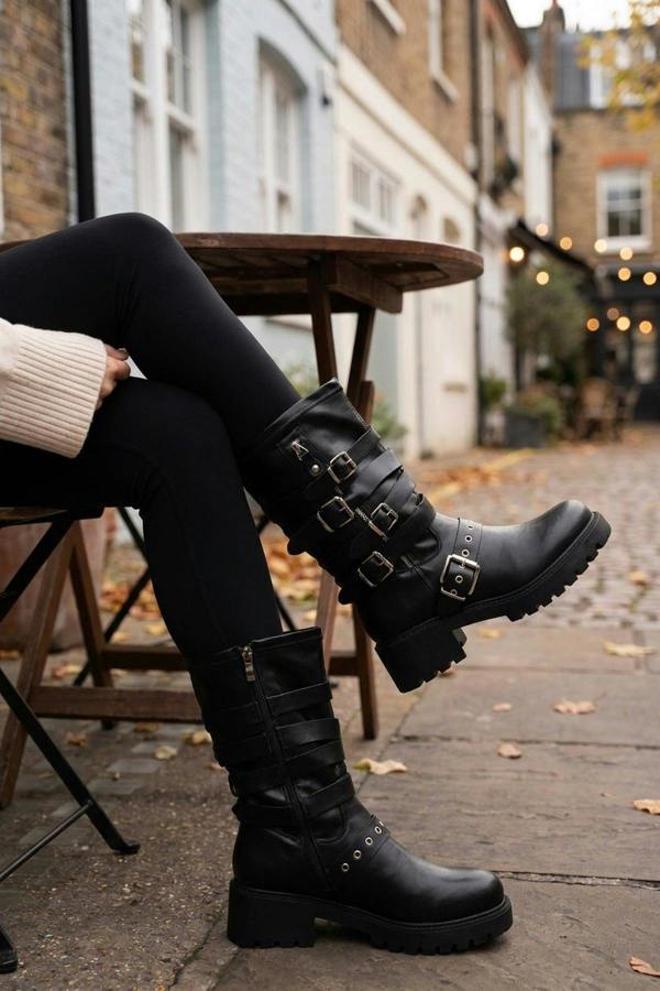 ikrush Pearl Faux Leather Multi Buckle Biker Boots
