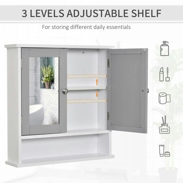 Bathroom wall storage cabinet with three adjustable shelves behind mirrored doors