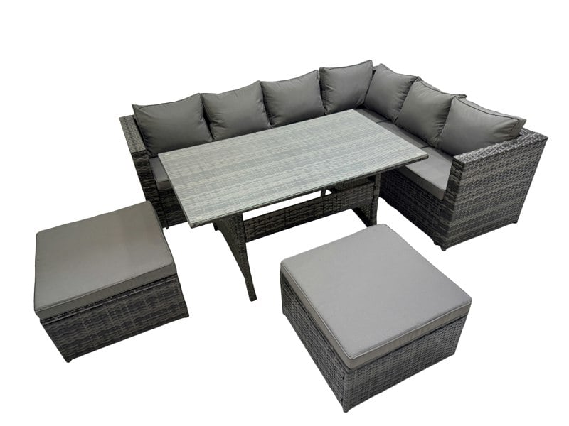 Fimous Rattan Garden Furniture Set Outdoor 8 Seater Patio Dining Corner Sofa Sets with Dining Table 2 Big Stools Dark Grey Mixed