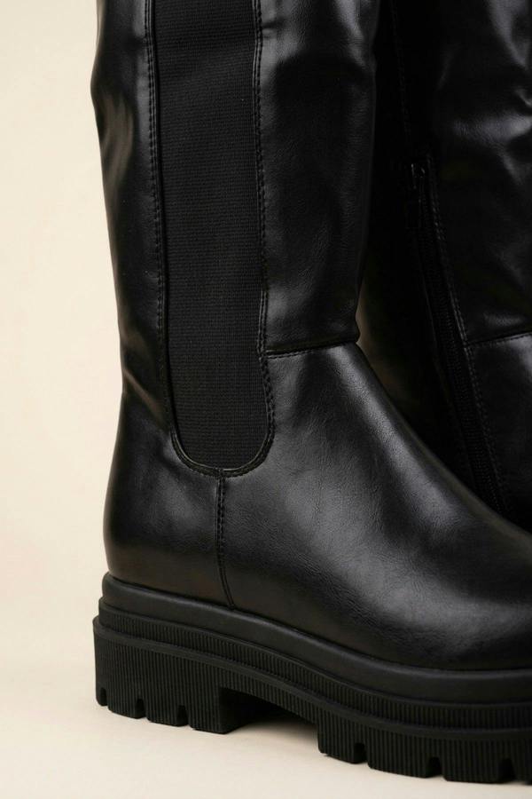 Pearl Chunky Sole Knee High Boots - Black