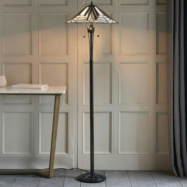 1.6m Tiffany Twin Floor Lamp Black Stem & Retro Stained Glass Shade i00003 Loops
