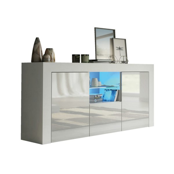 Mex Furniture Modern TV Unit Cabinet 145cm Stand & Sideboard with White Gloss Doors & Free LED