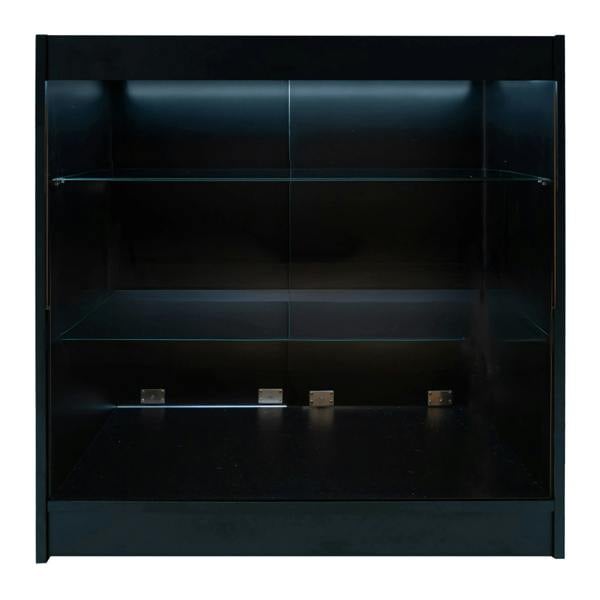 Black Helios LED shop counter set CM60 featuring sleek design, glass shelves, and illuminated interior for enhanced display options
