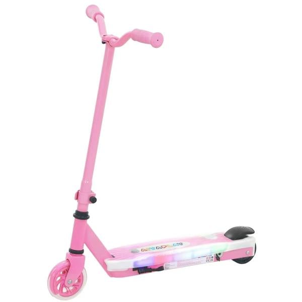 Pink kids electric scooter with flashing LED deck and rear auxiliary wheels