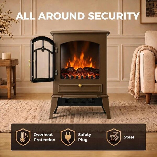 Electric Fireplace Stove, 1000/2000W 3-Sided Freestanding Fireplace Heater with 3D Flame Log, Thermostat, Brown