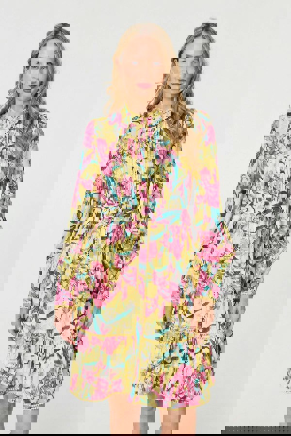 Yellow | Floral High Neck Long Sleeve Short Dress
