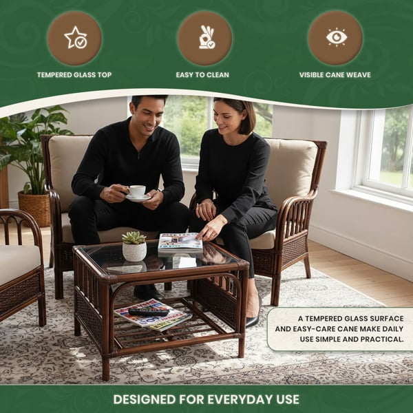 Verona Cane Coffee Table in Mahogany Colour Finish with Tempered Glass Top, Designed to Match the Verona Cane Suite Range