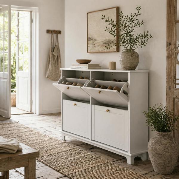 Wyld Haus Zisuka Wooden White Slim Shoe Cupboard With 4 Flip Drawers For 16 Pairs