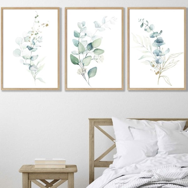 Artze Wall Art Set of 3 Framed Eucalyptus Blue Green and Gold Splash Prints