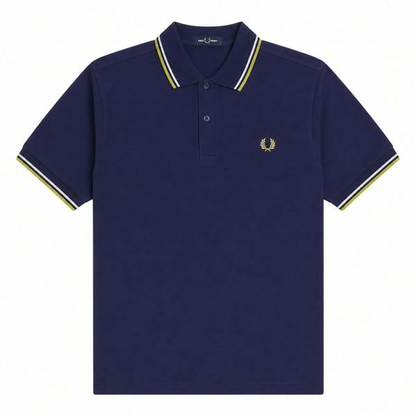 Fred Perry Twin Tipped Polo in French Navy with Dusky Blue and Citron stripes on collar and cuffs.