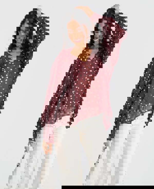 Burgundy Polka Dots Tie Neck Blouse